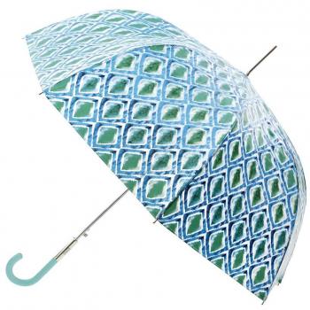 Diseño y funcionalidad se fusionan en Este Paraguas VOGUE Transparente de Apertura automática y con Sistema antiviento. Cuatro Atractivos Estampados. (Estampado Rombos Tonos Verdes Azules)