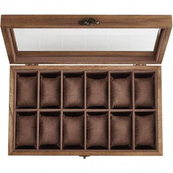 Caja de relojes de madera maciza con tapa de cristal y 12 ranuras