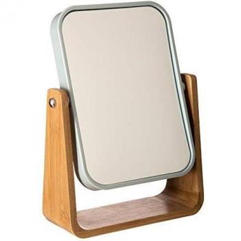 Espejo de baño con pie de bambú blanco colección Naturéo 22x16x6 cm