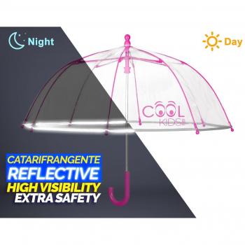 PERLETTI 15531 Umb. Unisex 42/8 Man. Forma de cúpula Poe Transparente Fucsia Fibra de Vidrio Seguridad Abierta Resistente al Viento, Multicolor