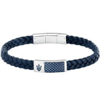 Maserati Pulsera Hombre Piel Azul y Acero Plateado 19+1cm