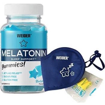 Weider Paquete de Melatonina 120 Gominolas + Antifaz y Tapones 1 mg de melatonina por gominola. Sin Azúcares y Sin Gluten. Sabor Arándano