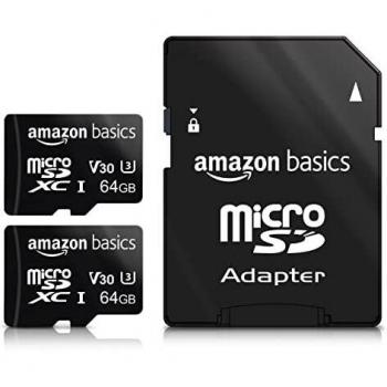 Amazon Basics MicroSDXC 64 GB con Adattatore SD, A2, U3, Velocità di Lettura