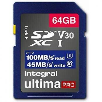 Scheda di memoria SDxC Premium da 64 GB ad alta velocità fino a 100 MB/s in lettura, 45 MB/s in scrittura, classe 10 V30 UHS-I U3, By Integral Memory