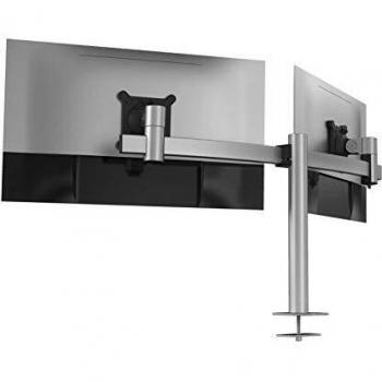 Durable 508623 Supporto Per Monitor Per 2 Monitor, Morsetto Da Tavolo, Regolabile, Supporti Vesa Girevoli A 360°, Per Schermi Vesa 21-27'', Passante Da Tavolo, Argento