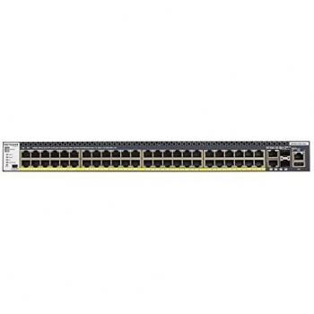 Netgear ProSAFE M4300-52G-PoE+ Full Managed L3, Switch con 24 Porte Gigabit PoE+ 480W, 2 Porte 10 Gbit, 2 Porte SFP/SFP+, Stacking Sicuro NSF, Porte 10 Gbit/SFP, Funzioni Auto-iSCSI/Auto-VoIP, USB, Rack Mountable, Grigio/Blu