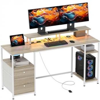 HOMCOM Mesa de escritorio con luces LED y soporte para monitor 155,5x48x75,5 cm natural