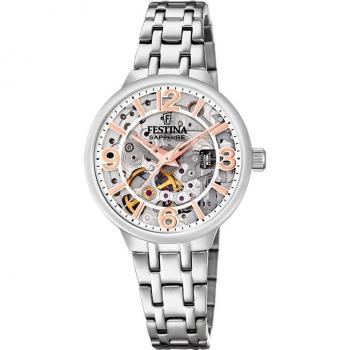 Reloj De Mujer Festina Automatic Skeleton F20614/1 Con Esfera Plateada