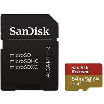 SanDisk Extreme microSDXC 64GB for Action Camera and Drones + SD Adapter, Read Speed up to 160 MB/s, A2 C10 V30 UHS-I U3, SDSQXA2-064G-GN6AA