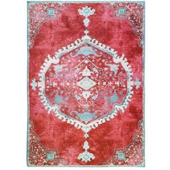 Alfombra efecto vintage con medallón rojo 160 x 230 cm