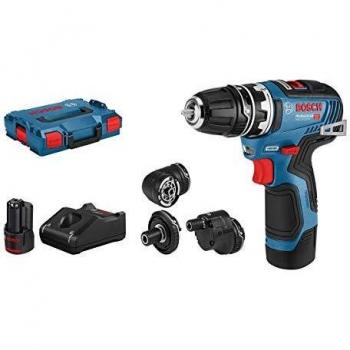 Bosch Professional 12V Perceuse-Visseuse Sans Fil GSR 12V-35 FC avec 2 Batteries 3.0 Ah, Chargeur Rapide GAL 12V-40, 4 Adaptateurs FlexiClick et Boîte L-BOXX