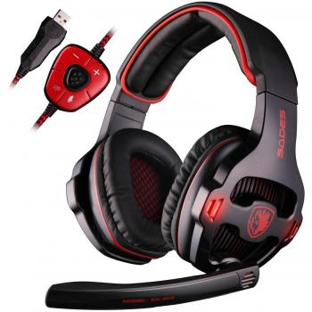 Cuffie per gaming SADES SA903 con suono surround virtuale 7.1, cuffia da gioco USB con microfono e tecnologia di eliminazione del rumore intelligente LED per laptop, PC e Mac (nero e rosso)