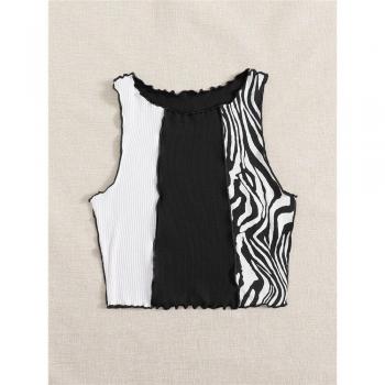 Camiseta sin mangas acanalada de rayas de cebra para mujer