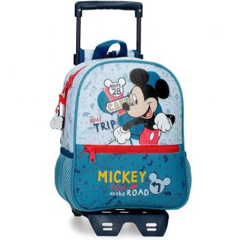 Mochila Mickey Road Trip 28cm con carro azul