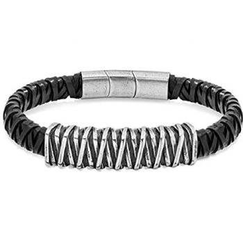 Pulsera Barbedwire Police Hombre | Acero Inoxidable y cuero trenzado (Negro/Plateado)