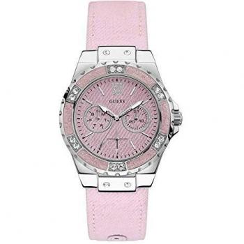 Reloj Guess W0775L15 para mujer con banda de denim rosa y dial rosa multifuncional con día/fecha