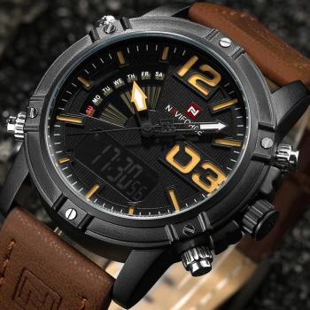 Naviforce Hombres Casual Cuero Marrón – Reloj Deportivo Doble Pantalla Digital