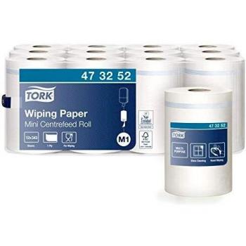 Tork 473252 Papel de secado multiuso Advanced de 1 capa compatible con el sistema de alimentación central pequeño M1, cilindro de cartón sacable, blanco, 12 rollos x 343
