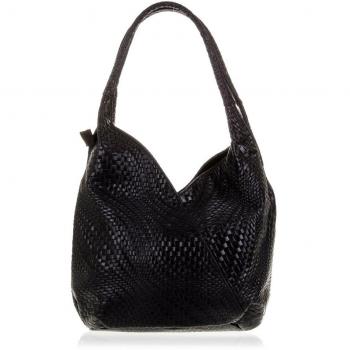 Firenze ARTEGIANI.Bolso Shopping Bag de Mujer Piel auténtica. Bolso Cuero Genuino Grabado con Motivo Trenzado geométrico y Lacado. Made IN Italy. Vera Pelle Italiana. 33x33x18 cm. Color: Negro