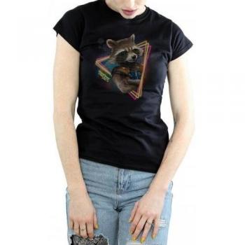 Camiseta femenina Rocket Raccoon Neon de Guardianes de la Galaxia L negra