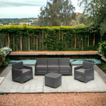 Conjunto de jardín Alassio Exterior con sofá + 2 sillones + mesa contenedora, Efecto Rattan con Cojines, Hecho en Italia