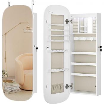 Espejo joyero de pared con luz led y cerradura, organizador con varios compartimentos para pendientes y collares, color blanco