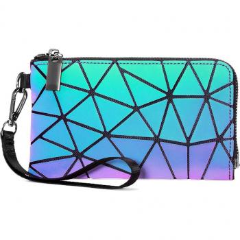 Cartera Larga Geométrica Luminoso Holográfica con Cremallera para Mujer