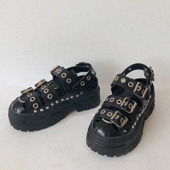 Sandalias de cuña negra para mujer, zapatos de gladiador con punta abierta, sandalias de plataforma informales con hebilla de metal, zapatos Lolita AA-517