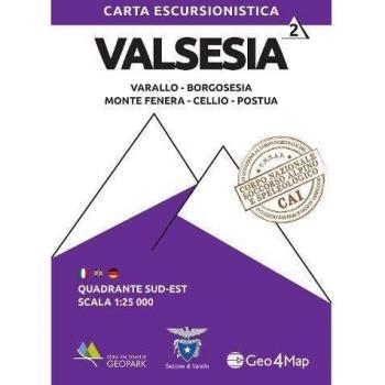 Carta escursionistica Valsesia quadrante Sud Est. Varallo, Borgosesia, Monte Fenera, Cellio, Postua. Ediz. italiana, inglese e tedesca