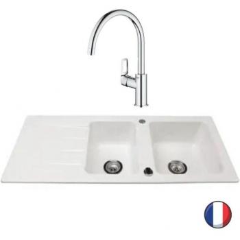 Fregadero Villeroy & Boch Arquitectura 8 – 116 x 51 cm, color blanco, con grifo de cocina GROHE Bauloop