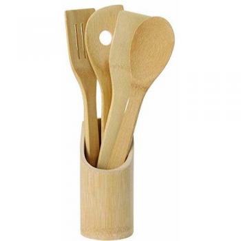 Cuchara de Madera Set/Utensilios de Cocina bambú 5 Piezas con Cuchara Agujero Paleta Espátula (Espátula y Redondo Cubiertos Cesta)