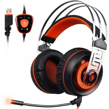 SADES A7 Gaming Headset 7.1 Virtual Surround Sound USB Gaming with noise cancelling microphone and smart LED lighting for PC and laptop (Black & Orange)