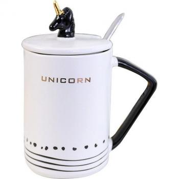 Taza unicornio dorado con tapa y cuchara 500ml