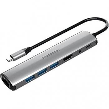 Mediacom Adattatore USB-C HDMI Alluminio 3 Porte USB 3.0 RJ45 LAN Audio