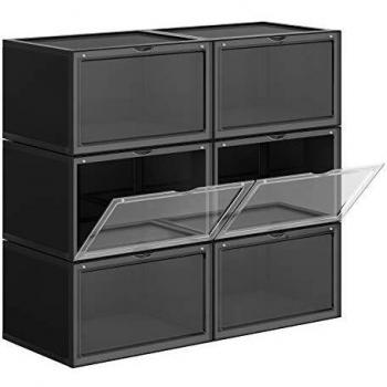 Pack de 6 cajas apilables de zapatos con puerta transparente, talla 46, 36x28x22 cm, negro