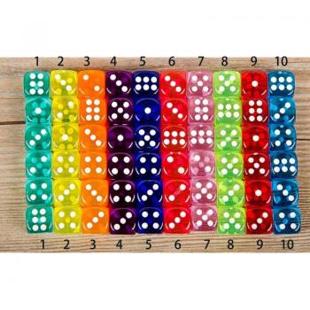 Jeu de dés 10 pièces 14mm acrylique transparent 6 côtés couleurs variées