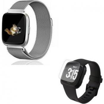 Pulsera Milanese Loop con Cierre Magnético y Protector de Pantalla Gel para Fitbit Versa Lite Gris