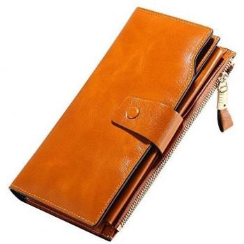 Monederos Mujer Carteras de Cuero Genuino Gran Capacidad RFID Bloqueo Cera de Lujo Piel Genuina Hecho a Mano Bolsos Largo de Mujer con Cremallera de Bolsillo (Empaquetado con Caja de Regalo)