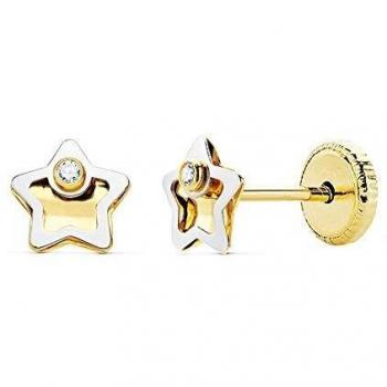 Pendientes de oro bicolor 18K para niña 5mm con estrella tallada y circonita