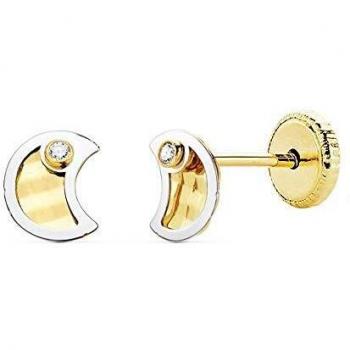 Pendientes de oro bicolor 18K para niña 5.5mm con luna tallada y circonita