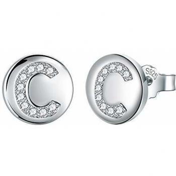 Pendientes Letra Inicial C Plata de Ley 925 Mujer Niña Hipoalergénicos con Circonita Cúbica