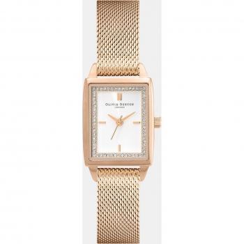 Olivia Burton Townhouse 21mm Rectángulo Blanco Clavel Malla Dorada