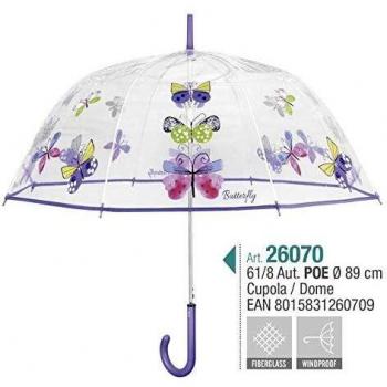 PERLETTI Paraguas Mujer 61cm automático forma cúpula PoE Pois Mariposas antiviento Acampada y Senderismo, Multicolor