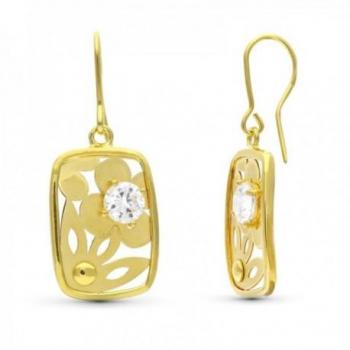 Pendientes largos oro 18k mujer 22 mm forma rectangular circonita flores caladas centro