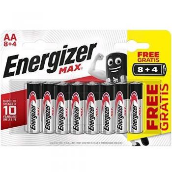 Energizer MAX, Pack de 8+4 pilas AA, larga duración para uso cotidiano, sin sulfatación y 10 años vida útil