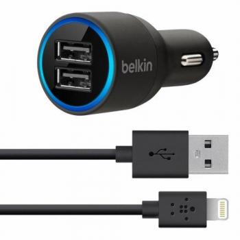 Caricatore doppio Belkin per auto con cavo Lightning e USB, nero