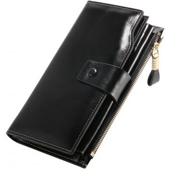 Monederos Mujer Carteras de Cuero Genuino Gran Capacidad RFID Bloqueo Cera de Lujo Piel Genuina Hecho a Mano Bolsos Largo de Mujer con Cremallera de Bolsillo (Empaquetado con Caja de Regalo)