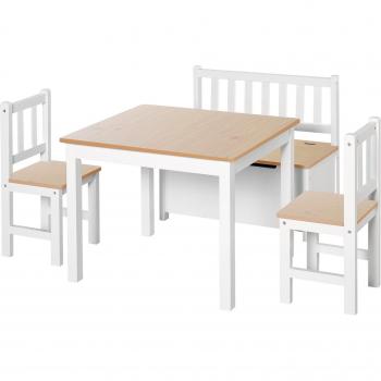 HOMCOM Conjunto Infantil de Mesa Banco y 2 Sillas de Madera con Espacio de Almacenamiento Blanco