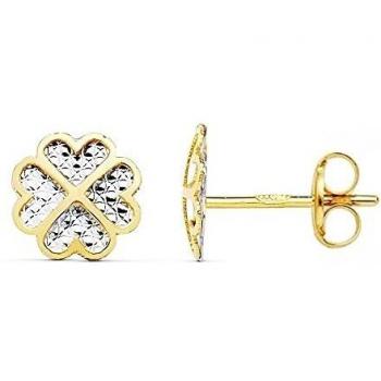 Pendientes de oro bicolor 18k trébol 8mm con centro tallado a presión