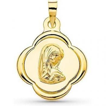 Virgen Niña medalla oro 18k niña 23mm forma flor Primera Comunión bordes relieve